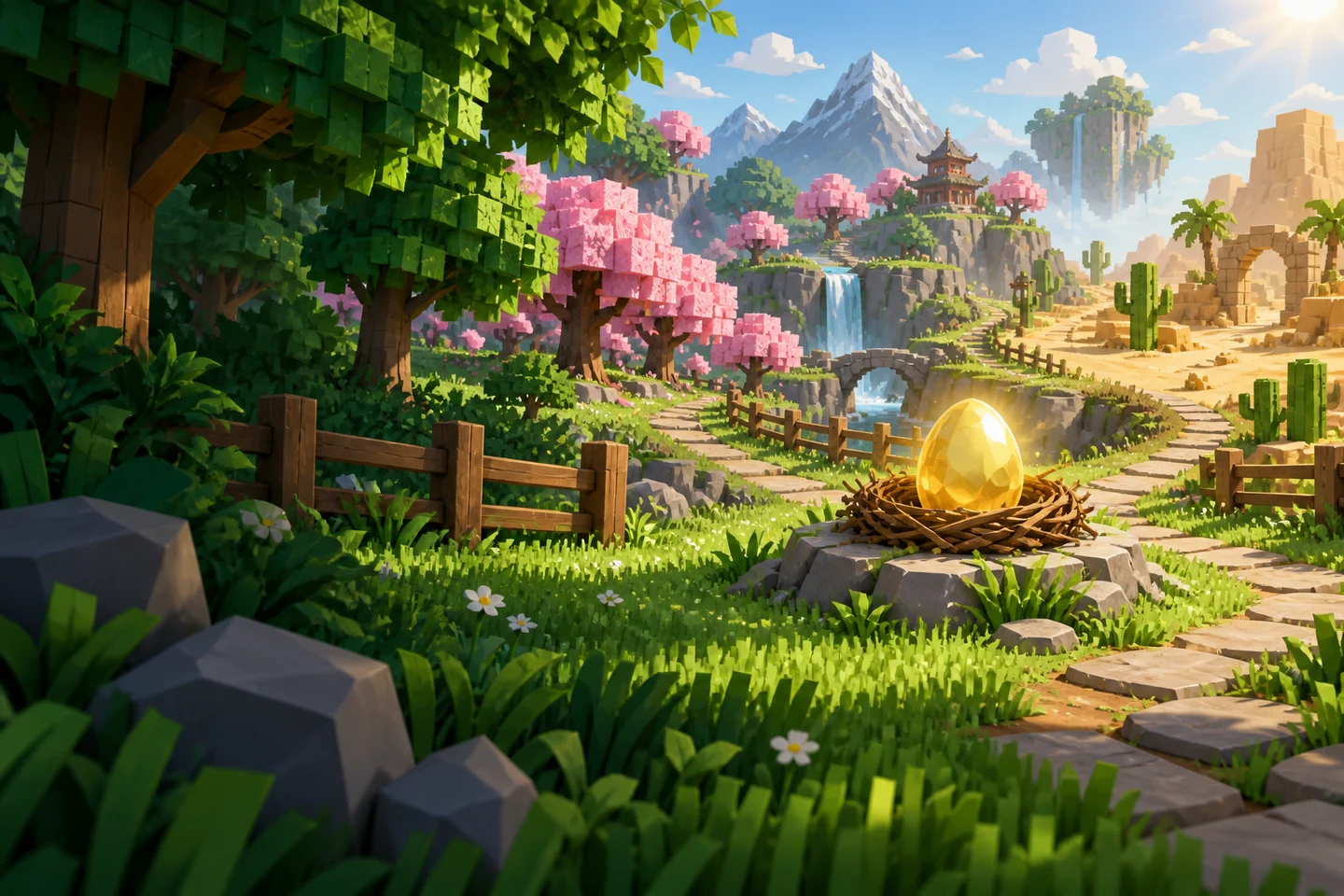 Illustrated forest, snow, and blossom worlds